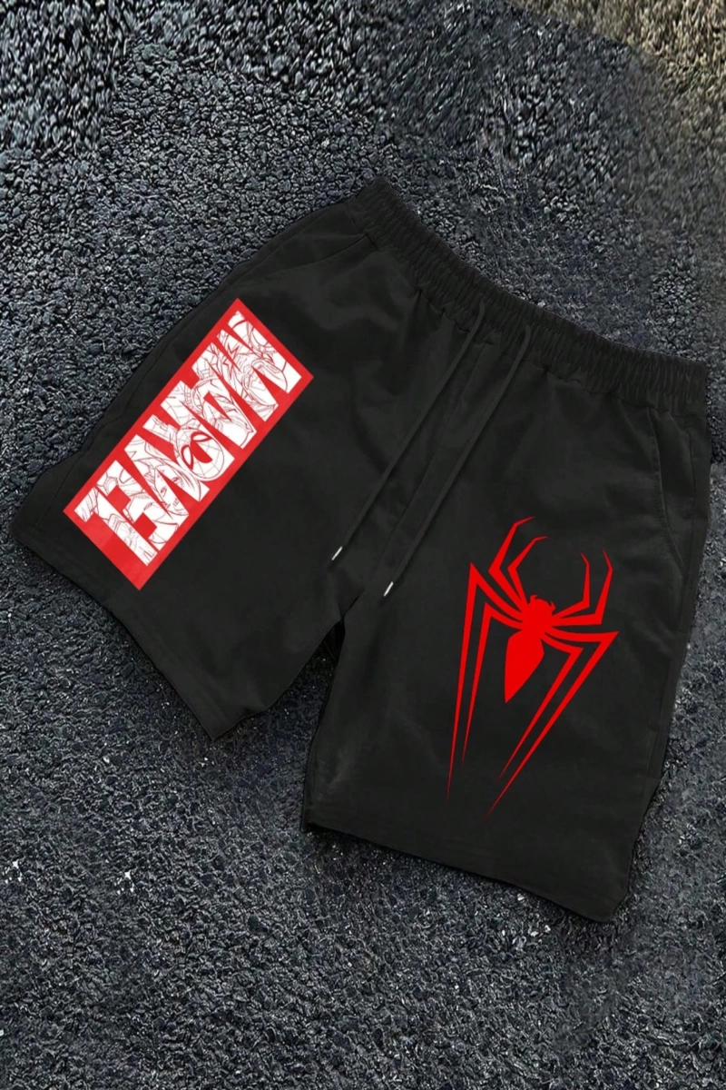 Erkek Bol Kesim Marvel Spider-Man Logo Baskılı Günlük Spor Şort, Yaz