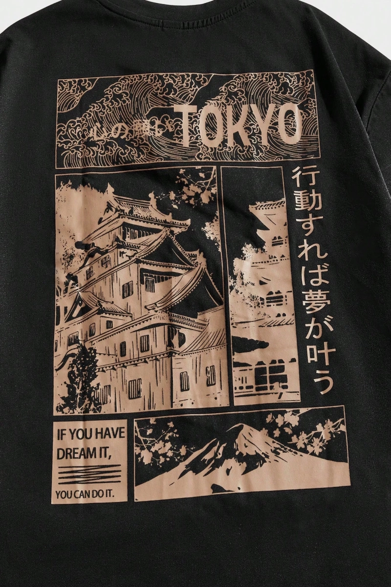 Erkek Bol Mimarlık ve Japon Baskılı Kısa Kollu Tişört