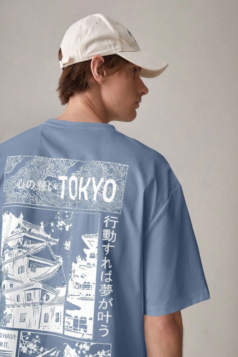 Erkek Bol Mimarlık ve Japon Baskılı Kısa Kollu Tişört
