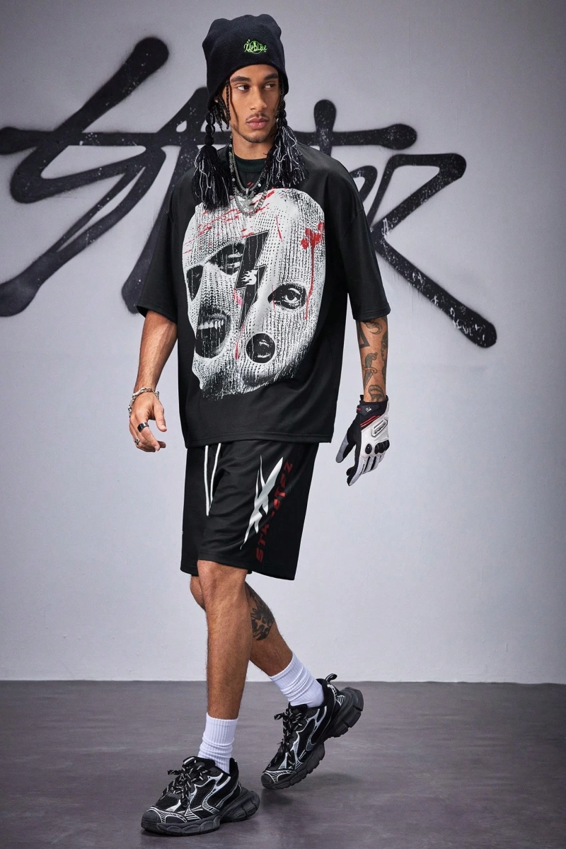 Erkek Bol Örgü Kısa Kollu Yuvarlak Yaka Tişört, Minimalist Moda Günlük Gi