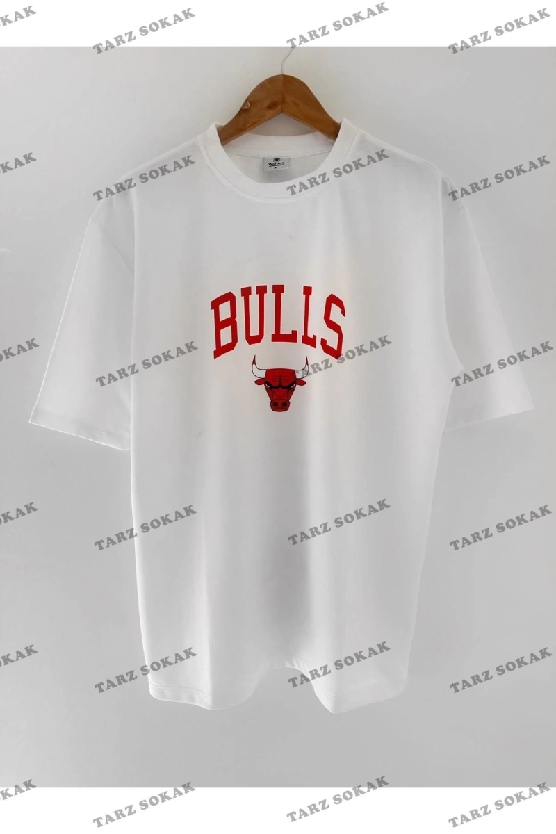Erkek Bulls Oversize Baskılı Pamuklu Bisiklet Yaka Kısa Kollu