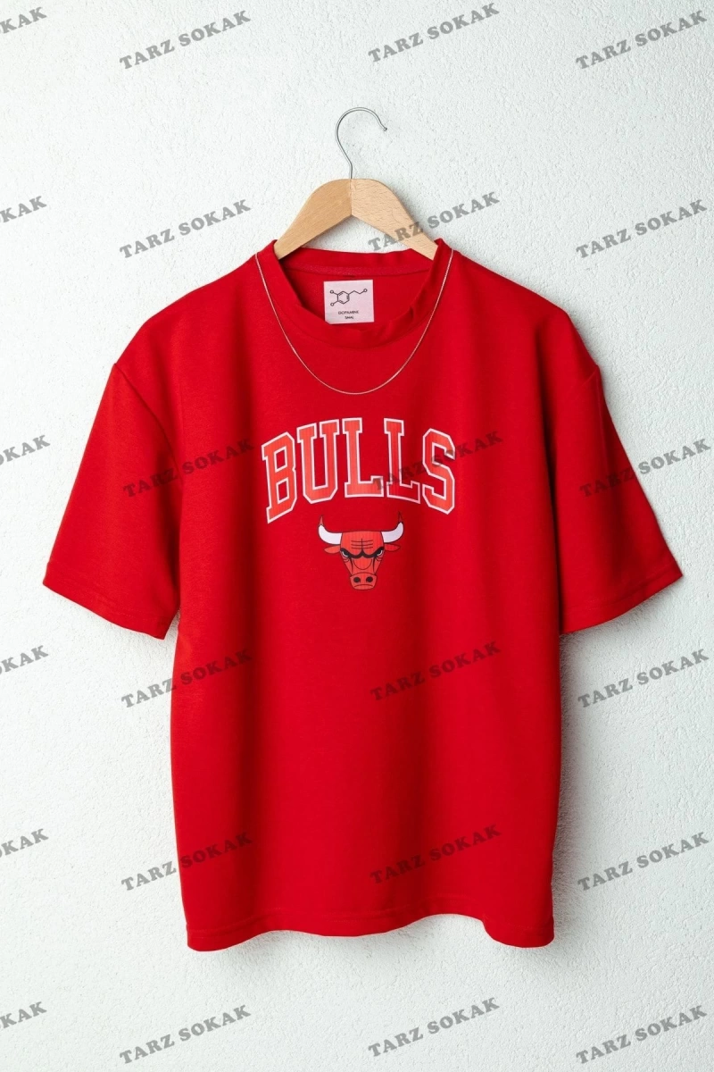 Erkek Bulls Oversize Baskılı Pamuklu Bisiklet Yaka Kısa Kollu