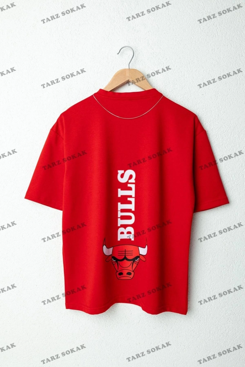 Erkek Bulls Oversize Baskılı Pamuklu Bisiklet Yaka Kısa Kollu