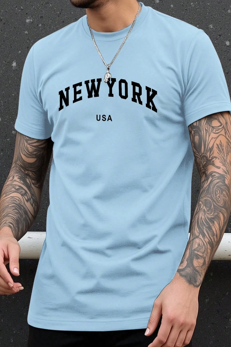 Erkek Büyük Beden New York Mektup Baskılı Yuvarlak Yaka Kısa Kollu Rahat Tişö