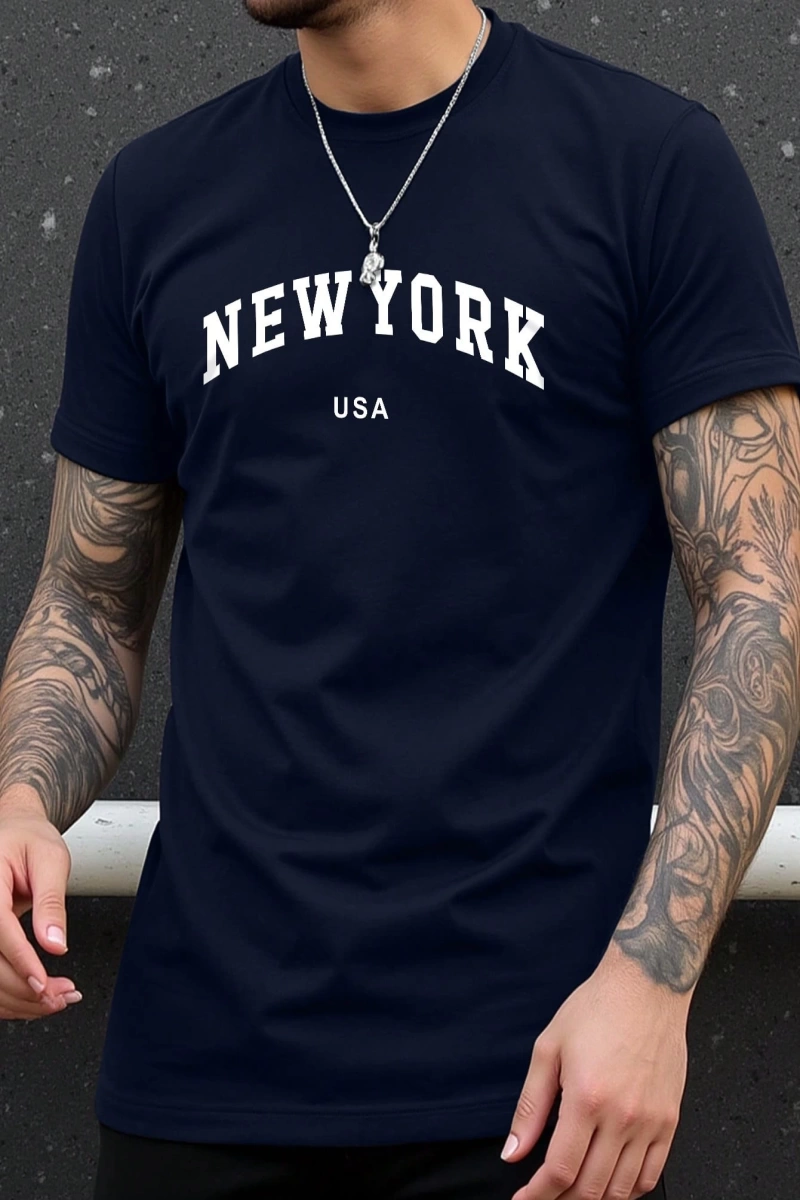 Erkek Büyük Beden New York Mektup Baskılı Yuvarlak Yaka Kısa Kollu Rahat Tişö