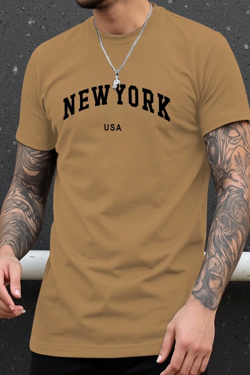 Erkek Büyük Beden New York Mektup Baskılı Yuvarlak Yaka Kısa Kollu Rahat Tişö