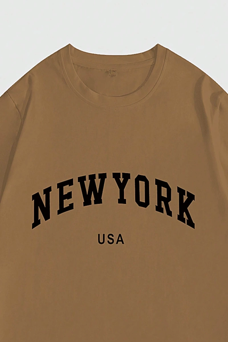 Erkek Büyük Beden New York Mektup Baskılı Yuvarlak Yaka Kısa Kollu Rahat Tişö