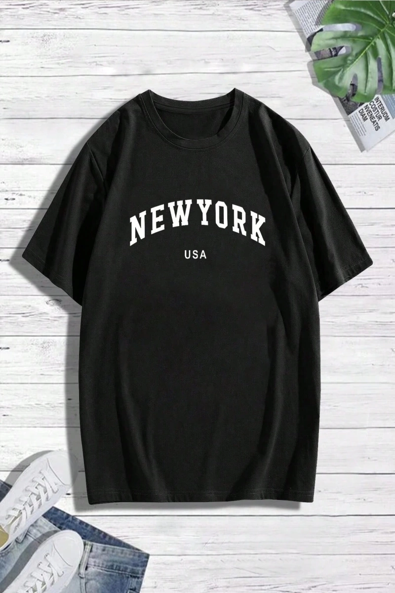 Erkek Büyük Beden New York Mektup Baskılı Yuvarlak Yaka Kısa Kollu Rahat Tişö