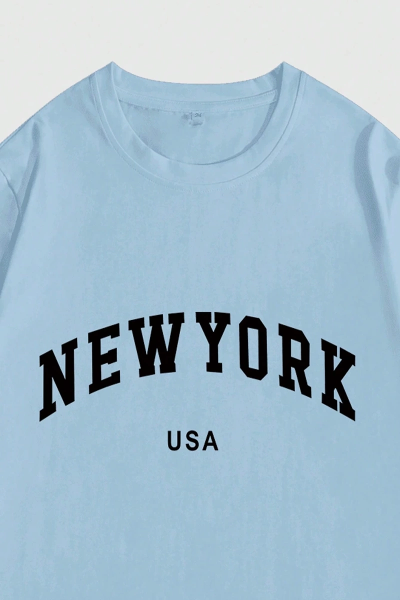 Erkek Büyük Beden New York Mektup Baskılı Yuvarlak Yaka Kısa Kollu Rahat Tişö