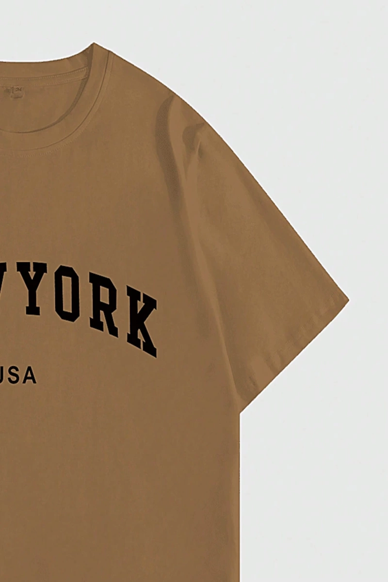 Erkek Büyük Beden New York Mektup Baskılı Yuvarlak Yaka Kısa Kollu Rahat Tişö