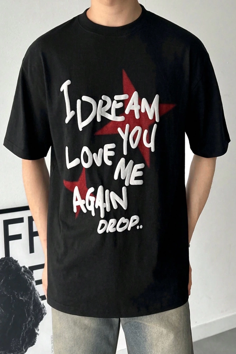 Erkek Büyük Tipografi Kabartmalı Slogan Baskılı Tişört