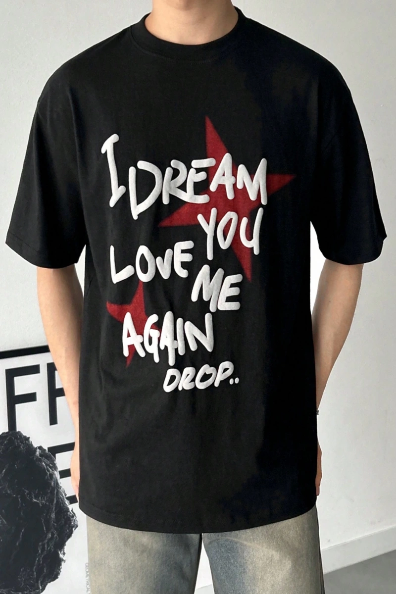 Erkek Büyük Tipografi Kabartmalı Slogan Baskılı Tişört