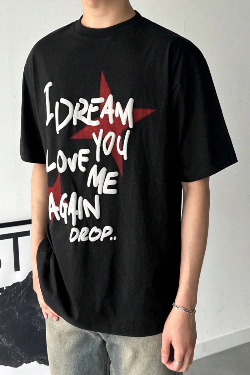 Erkek Büyük Tipografi Kabartmalı Slogan Baskılı Tişört