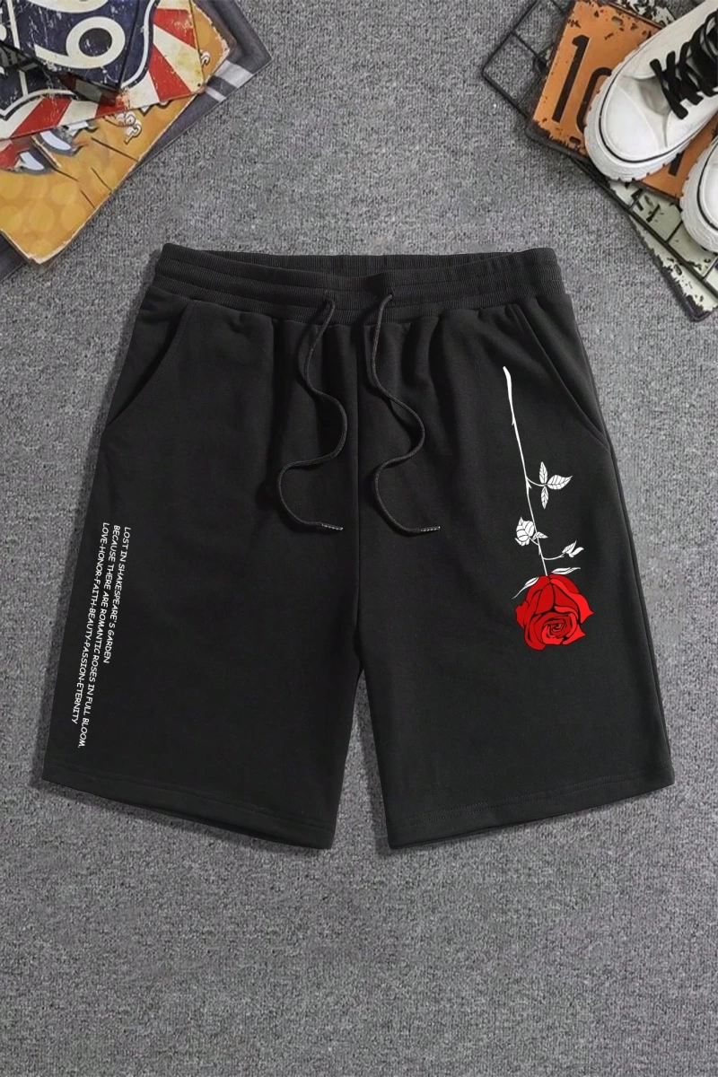 Erkek Çiçek Ve Slogan Baskılı Bağcıklı Bel Şortu Dışarı Çıkma Moda Bağcıkl