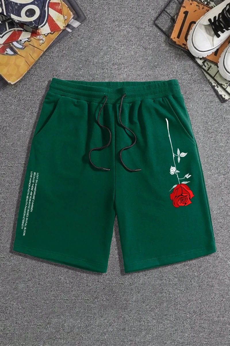 Erkek Çiçek Ve Slogan Baskılı Bağcıklı Bel Şortu Dışarı Çıkma Moda Bağcıkl