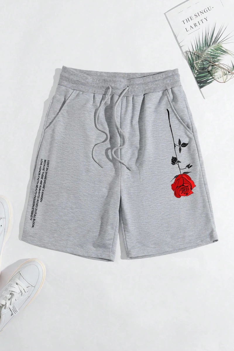 Erkek Çiçek Ve Slogan Baskılı Bağcıklı Bel Şortu Dışarı Çıkma Moda Bağcıkl