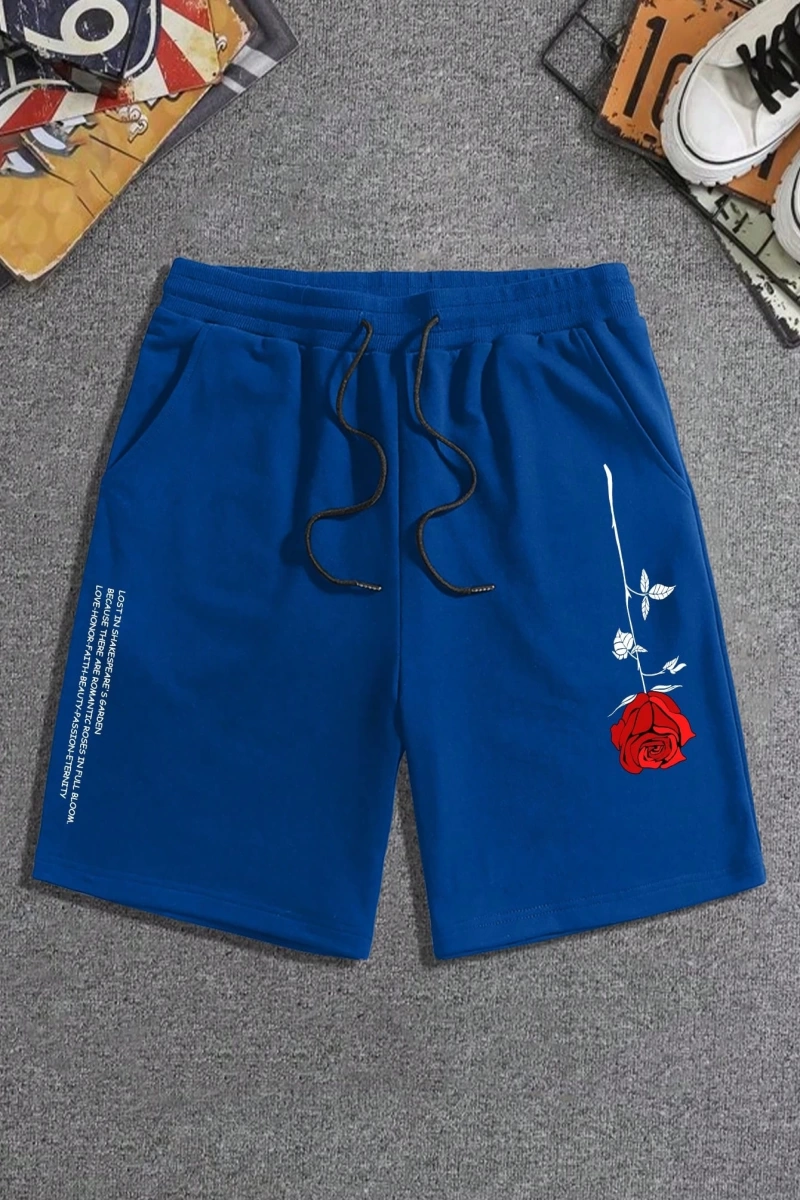 Erkek Çiçek Ve Slogan Baskılı Bağcıklı Bel Şortu Dışarı Çıkma Moda Bağcıkl