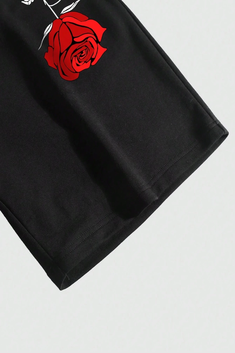Erkek Çiçek Ve Slogan Baskılı Bağcıklı Bel Şortu Dışarı Çıkma Moda Bağcıkl