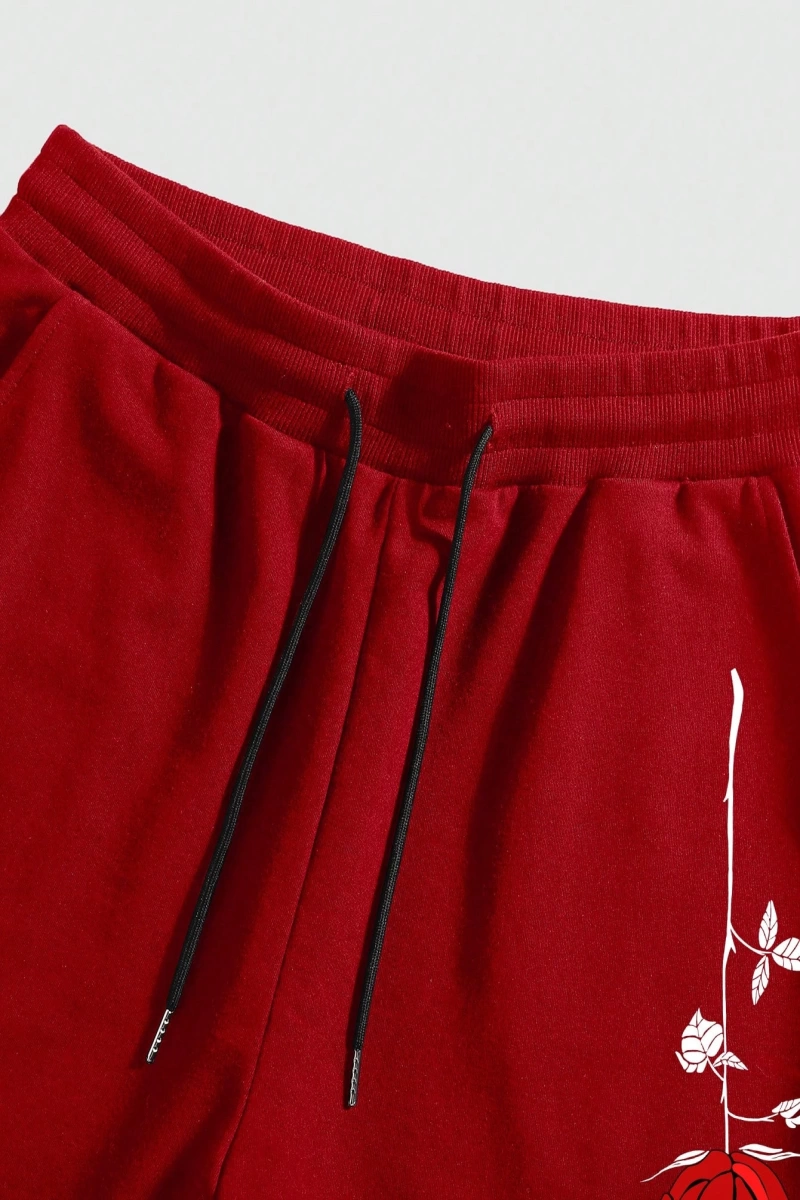 Erkek Çiçek Ve Slogan Baskılı Bağcıklı Bel Şortu Dışarı Çıkma Moda Bağcıkl