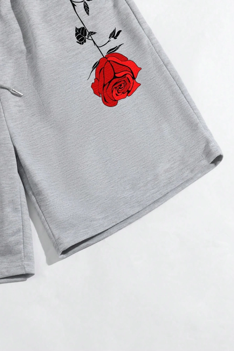 Erkek Çiçek Ve Slogan Baskılı Bağcıklı Bel Şortu Dışarı Çıkma Moda Bağcıkl