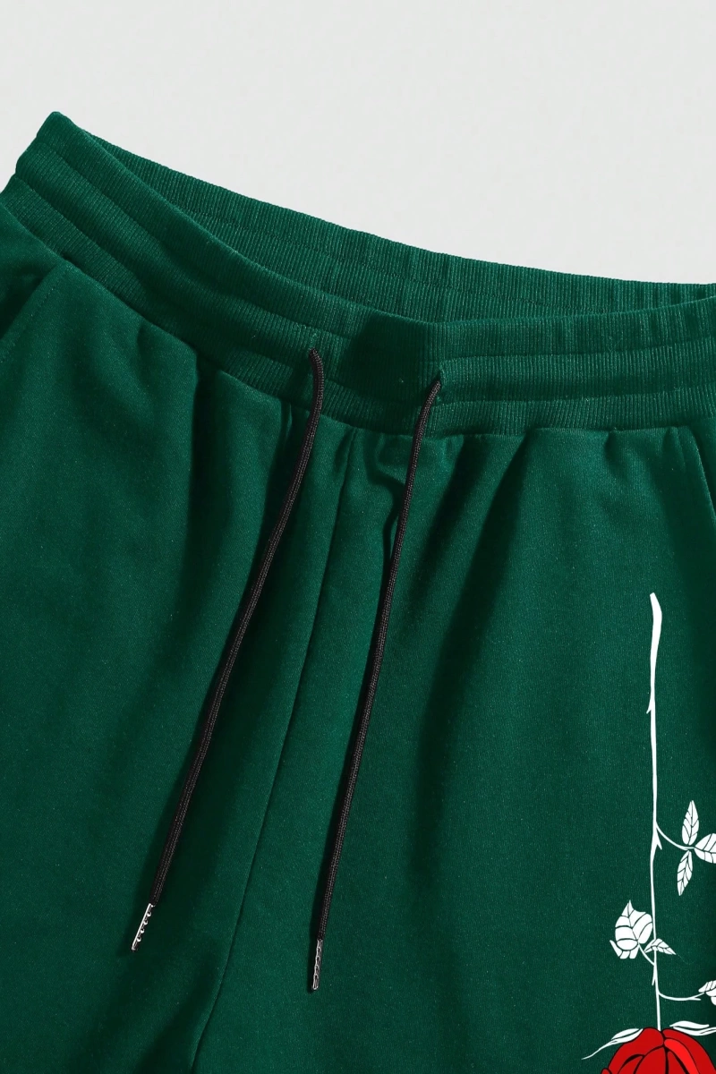 Erkek Çiçek Ve Slogan Baskılı Bağcıklı Bel Şortu Dışarı Çıkma Moda Bağcıkl