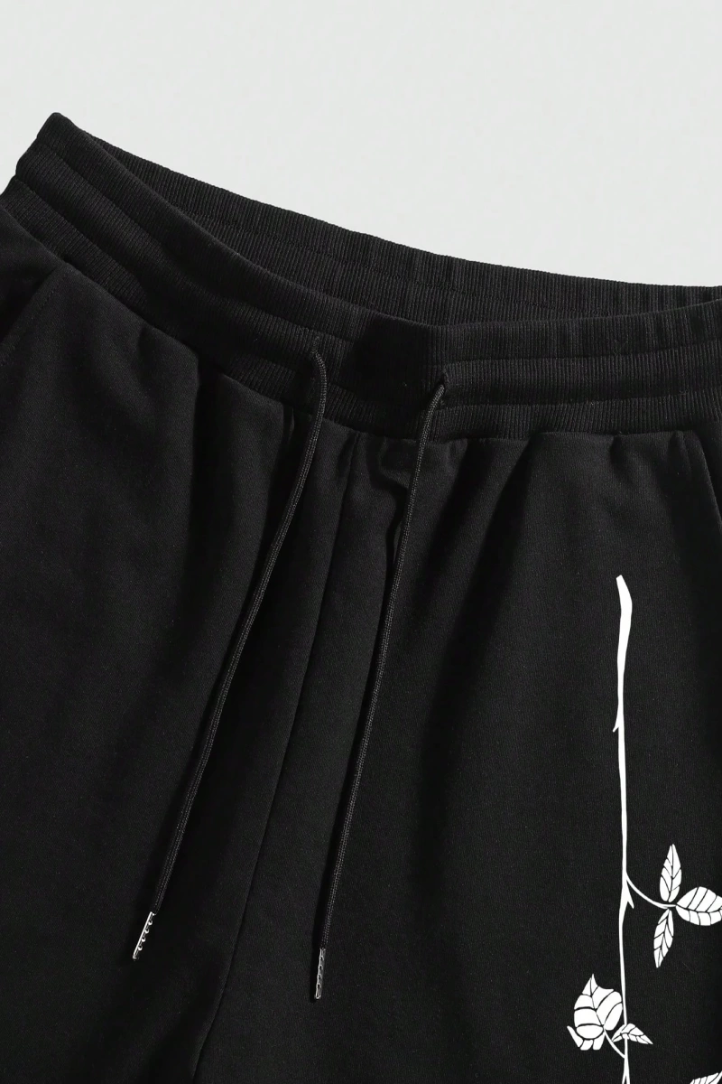 Erkek Çiçek Ve Slogan Baskılı Bağcıklı Bel Şortu Dışarı Çıkma Moda Bağcıkl
