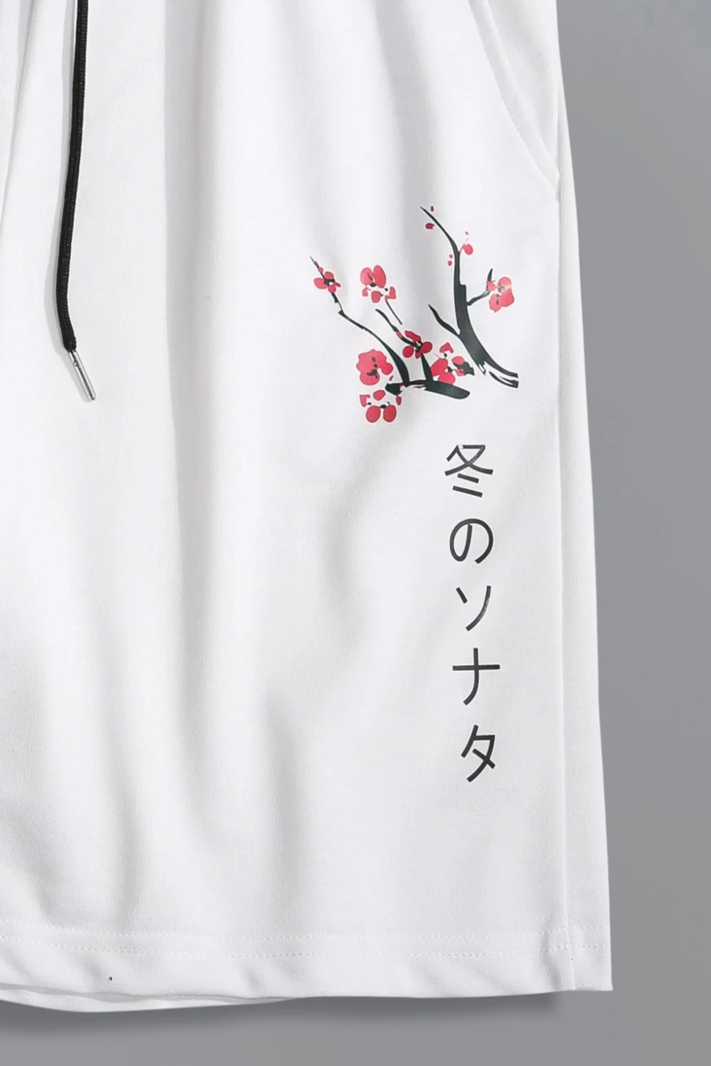 Erkek Çiçekli ve Japon Harfli Grafik Bağcıklı Bel Şortu Grafik Dışarı Çıkm