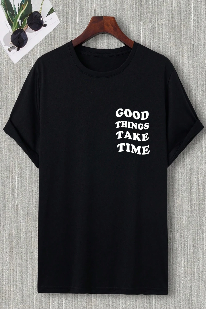 Erkek Çiçekli ve Slogan Grafikli Düşük Omuz Tişört