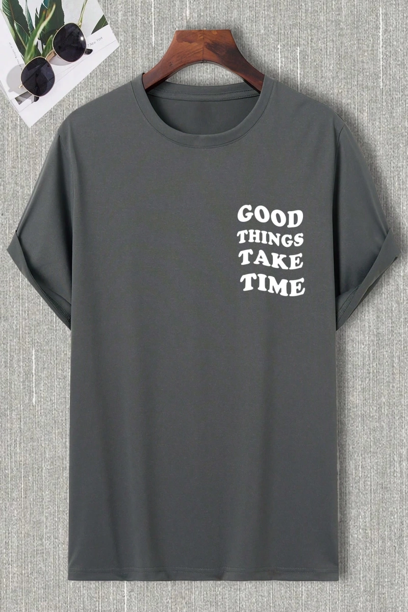 Erkek Çiçekli ve Slogan Grafikli Düşük Omuz Tişört