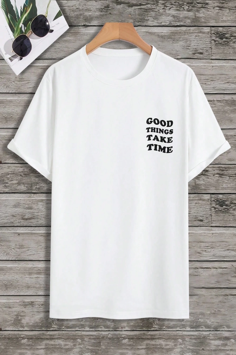 Erkek Çiçekli ve Slogan Grafikli Düşük Omuz Tişört