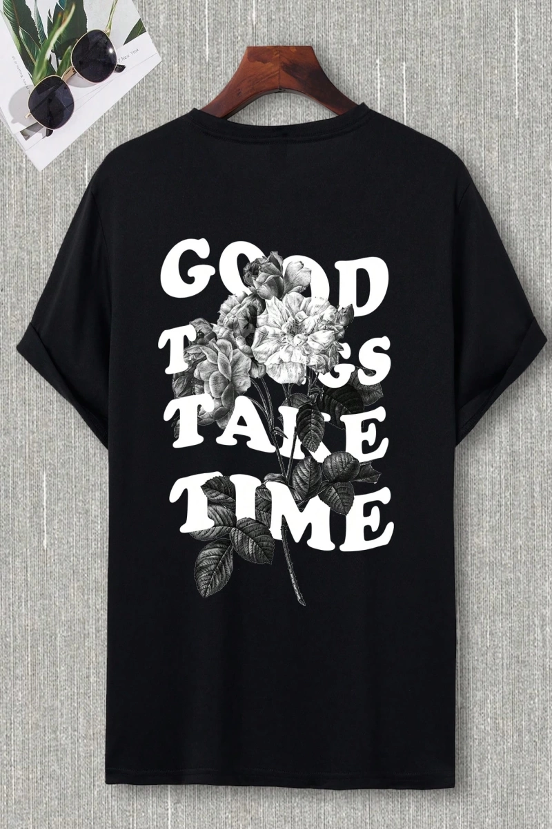 Erkek Çiçekli ve Slogan Grafikli Düşük Omuz Tişört