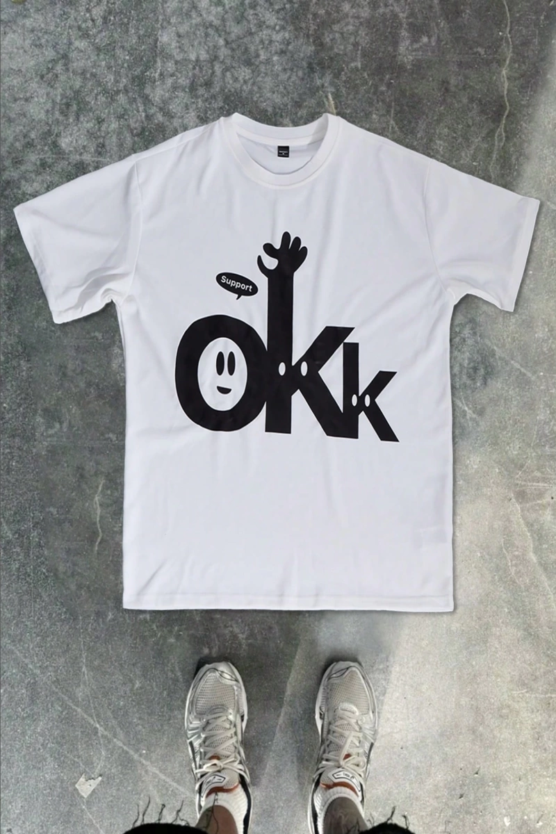 Erkek Çok Satan Kelime OKK Karikatür Mektup Baskılı Yuvarlak Yaka Kısa K