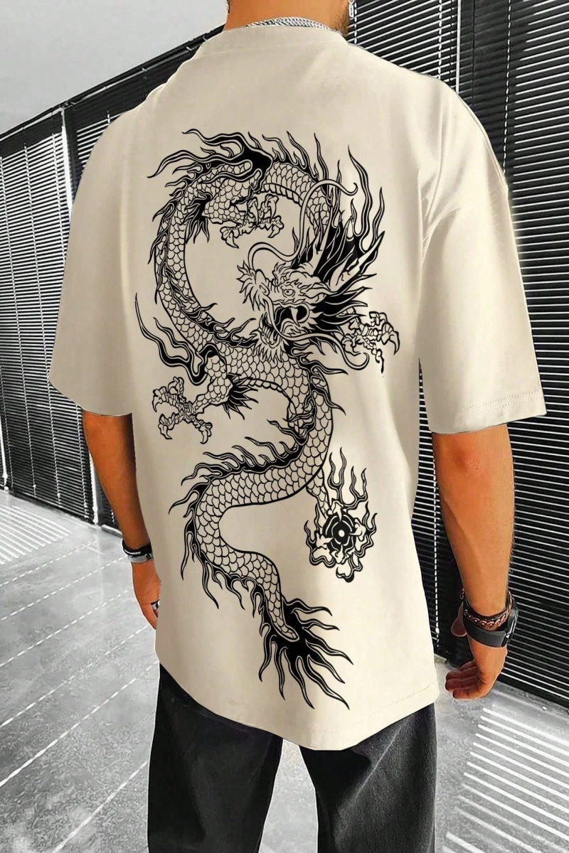 Erkek Dragon Grafik Düşük Omuz Kısa Kollu Tişört, Sokak Giyim, Erkek Arkadaş H