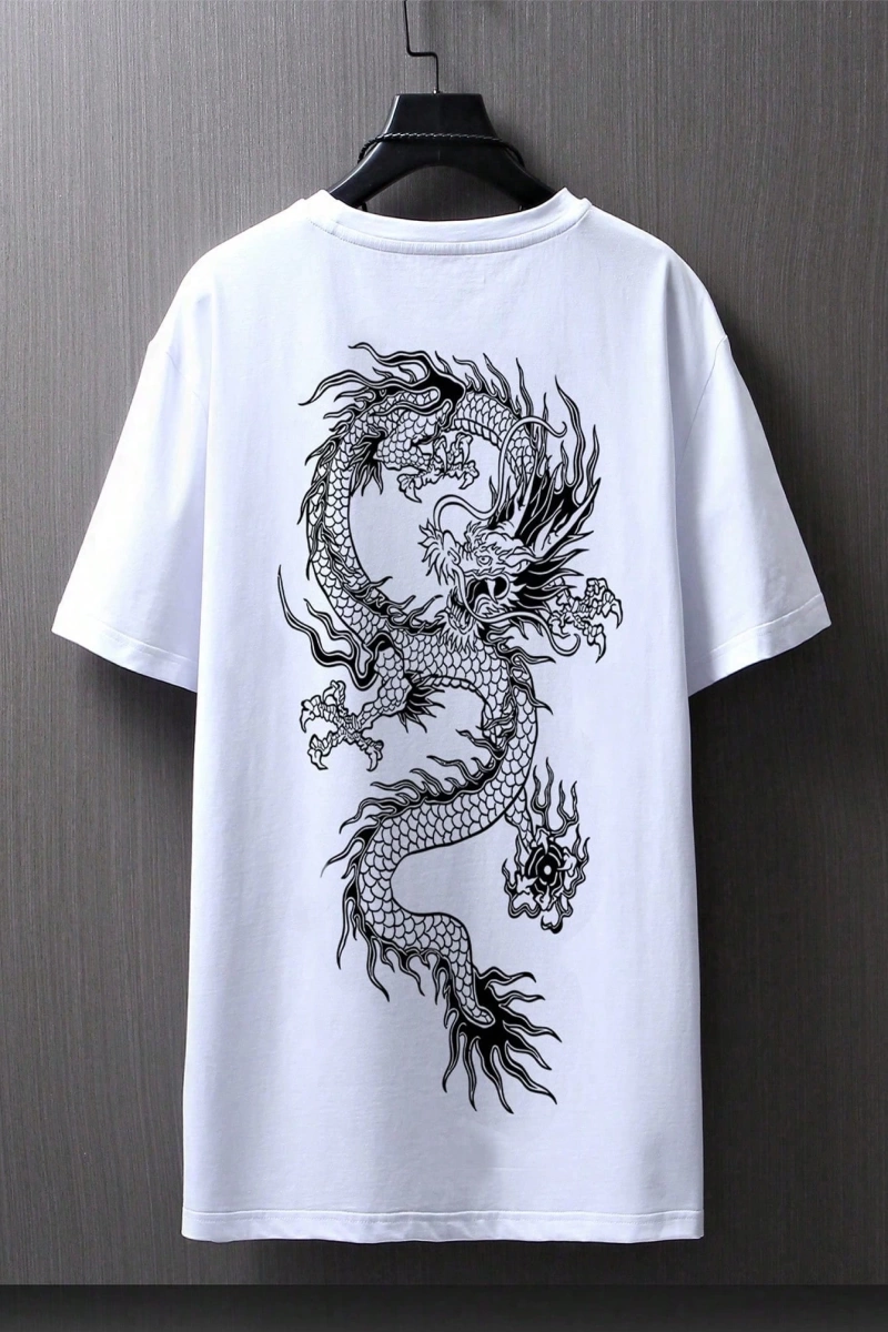 Erkek Dragon Grafik Düşük Omuz Kısa Kollu Tişört, Sokak Giyim, Erkek Arkadaş H