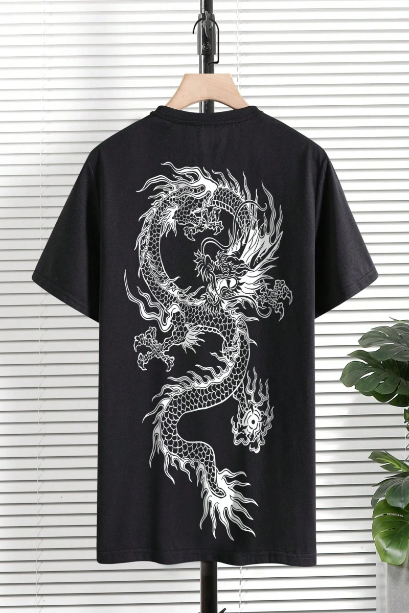 Erkek Dragon Grafik Düşük Omuz Kısa Kollu Tişört, Sokak Giyim, Erkek Arkadaş H