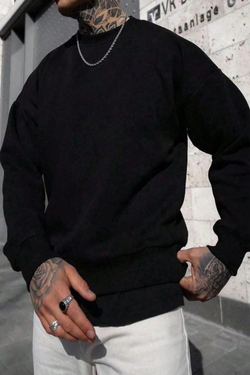 Erkek Düz Renk Bol Kesim Düşük Omuz Polar Kapüşonlu Sweatshirt