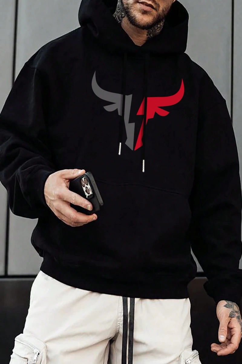 Erkek Düz Renk Düşük Omuz Bol Kesim Kapşonlu Sweatshirt Bağcıklı