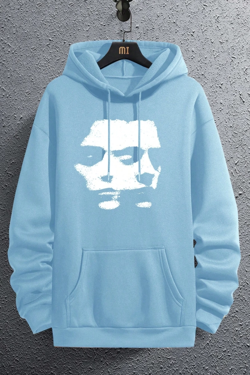 Erkek Düz Renk Düşük Omuz Bol Kesim Kapşonlu Sweatshirt Bağcıklı