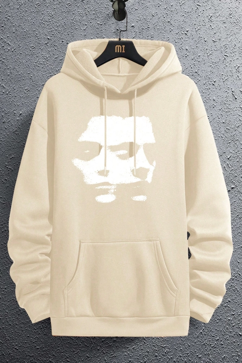 Erkek Düz Renk Düşük Omuz Bol Kesim Kapşonlu Sweatshirt Bağcıklı