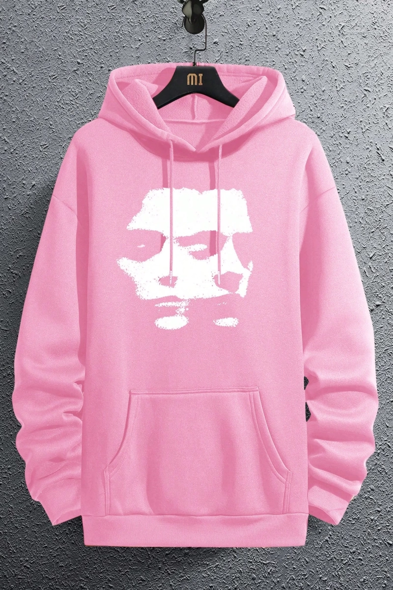 Erkek Düz Renk Düşük Omuz Bol Kesim Kapşonlu Sweatshirt Bağcıklı