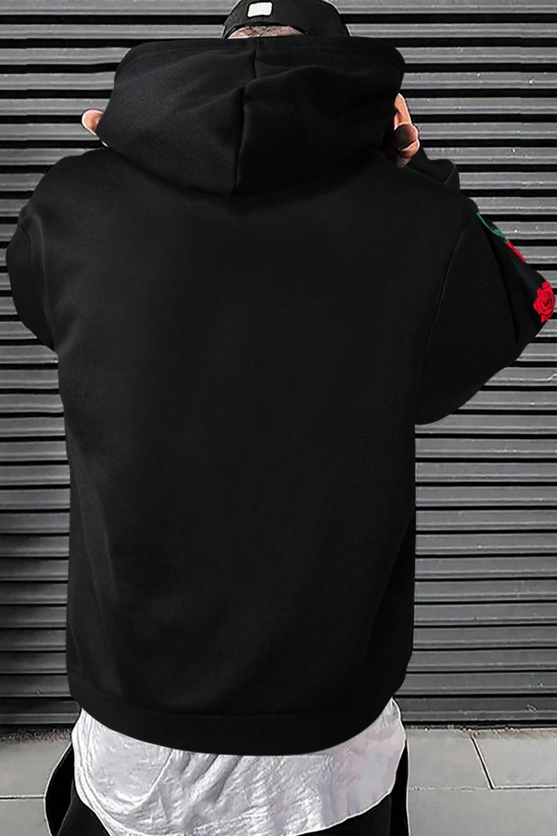 Erkek Düz Renk Düşük Omuz Bol Kesim Kapşonlu Sweatshirt Bağcıklı