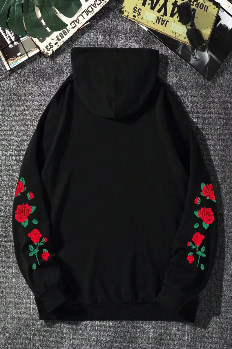 Erkek Düz Renk Düşük Omuz Bol Kesim Kapşonlu Sweatshirt Bağcıklı