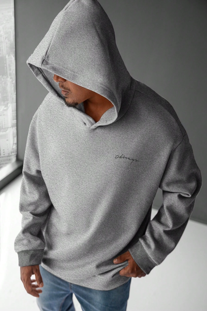 Erkek Düz Renk Düşük Omuz Bol Kesim Kapşonlu Sweatshirt Bağcıklı