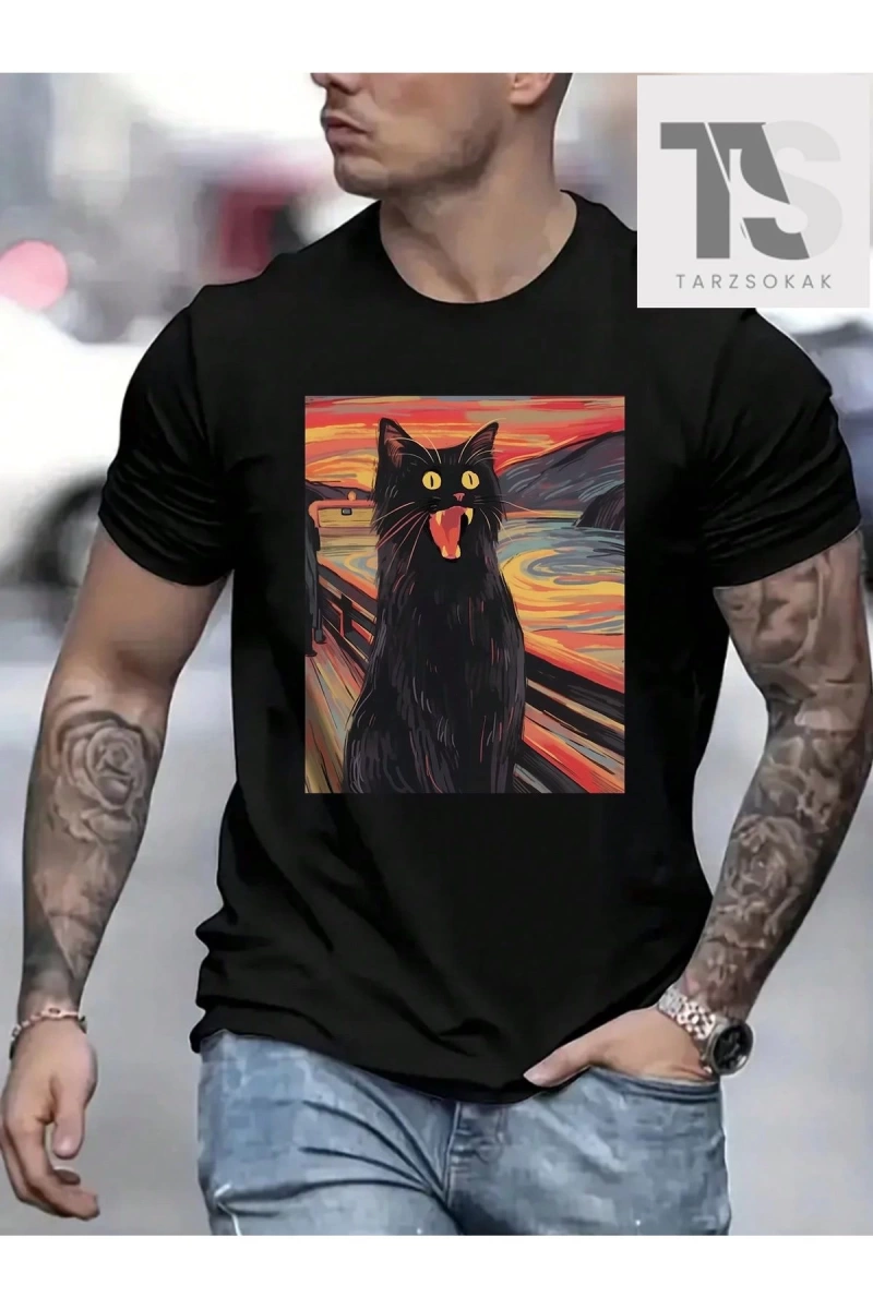 Erkek Eğlenceli Yağlıboya Desenli Kısa Kollu Tişört