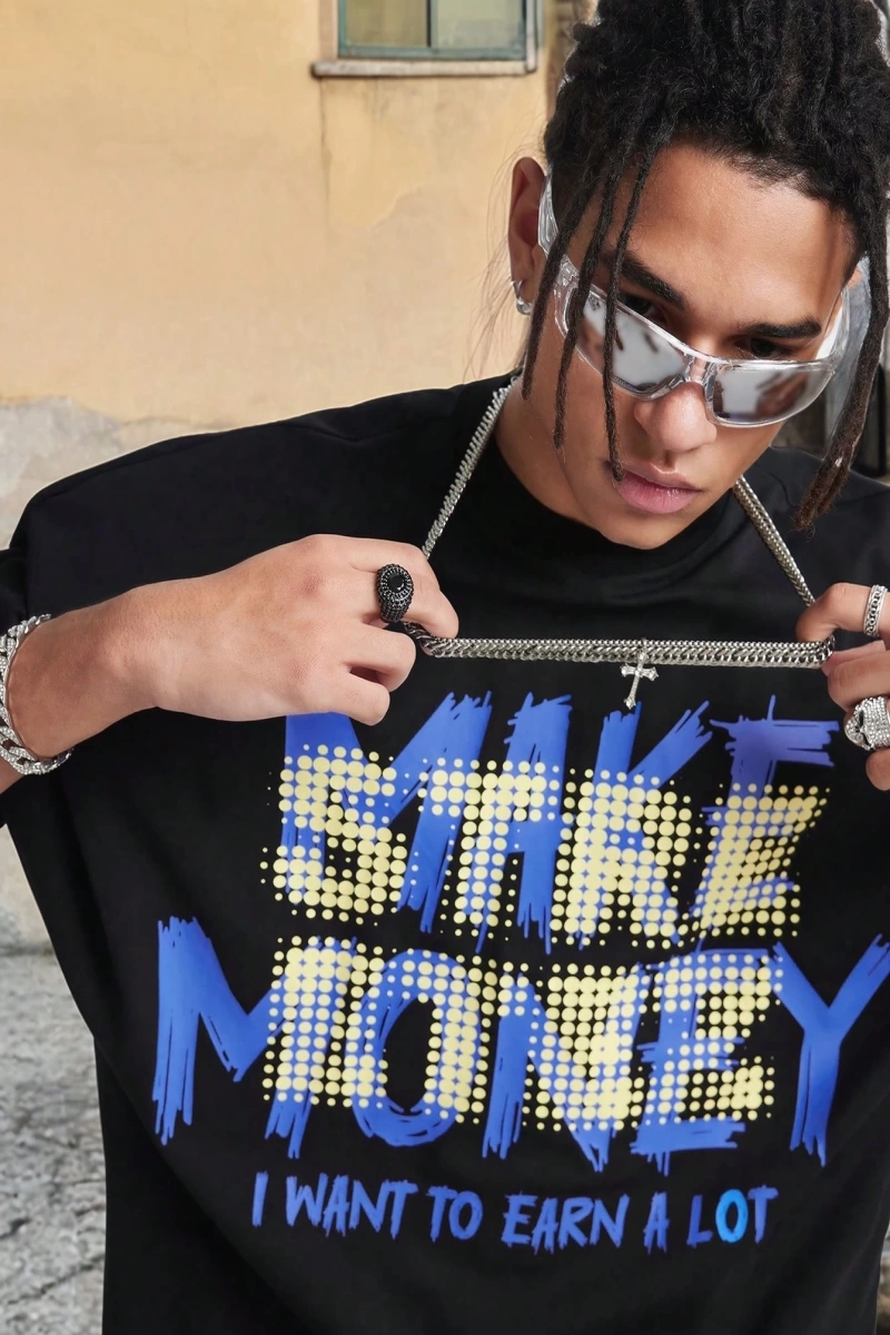 Erkek Gevşek Örgü Kısa Kollu Grafik Baskılı Günlük Tişört, Moda, Erkek Ar