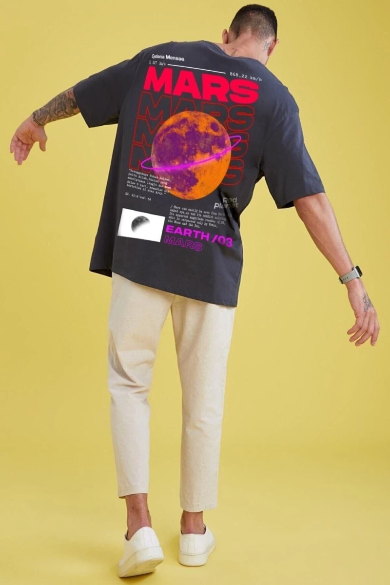 Erkek Gri Mars Sırt Baskılı Oversize T-shirt