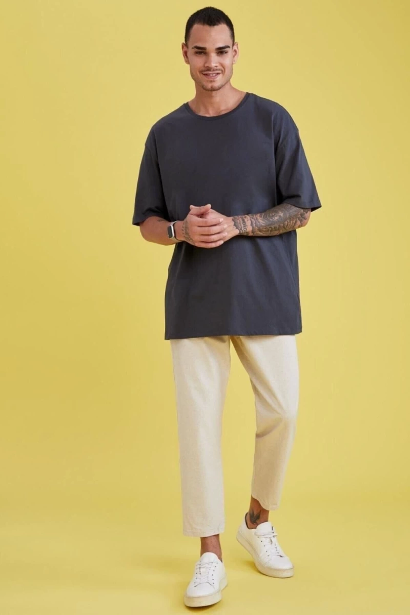 Erkek Gri Mars Sırt Baskılı Oversize T-shirt