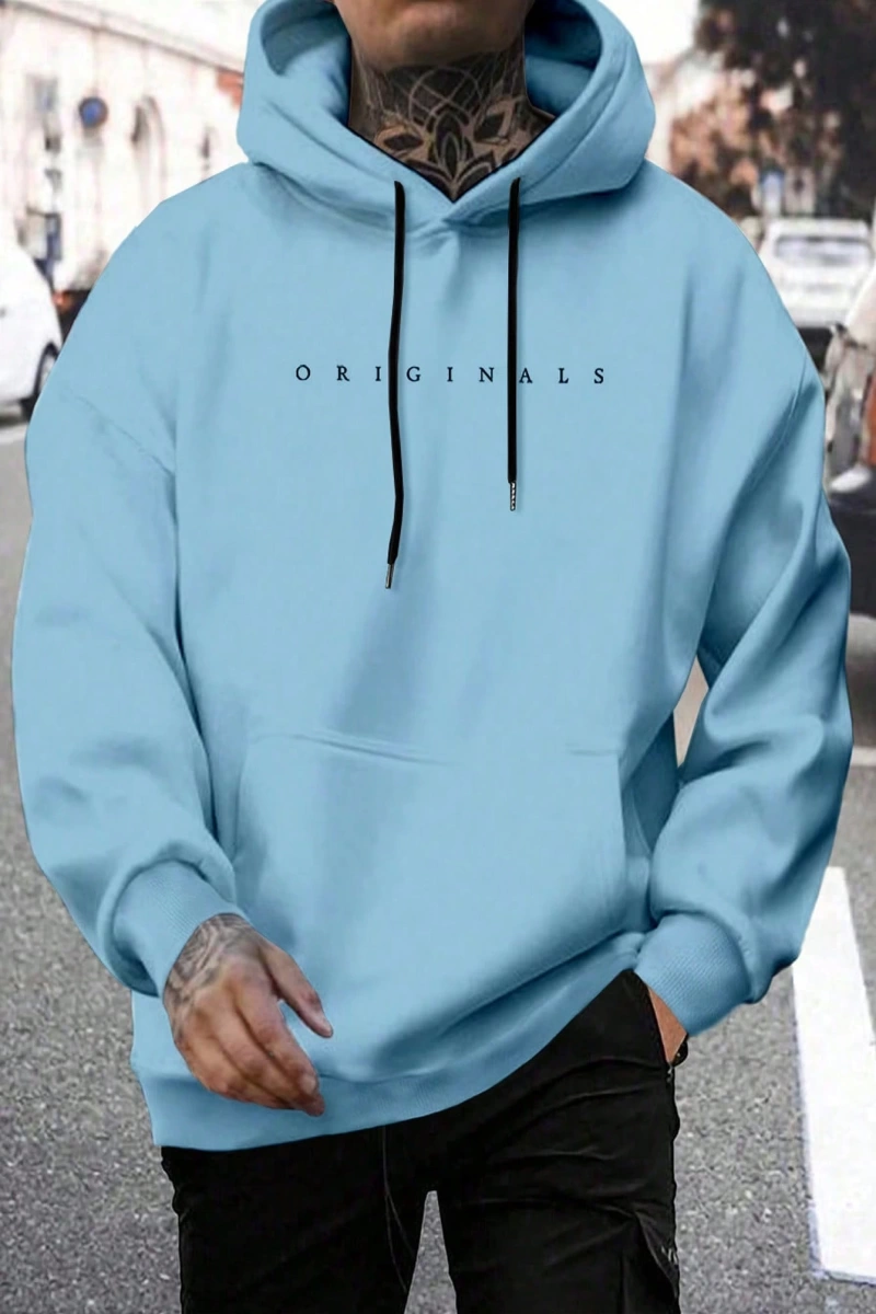 Erkek Günlük Harf Baskılı Kapüşonlu Sweatshirt Bağcıklı