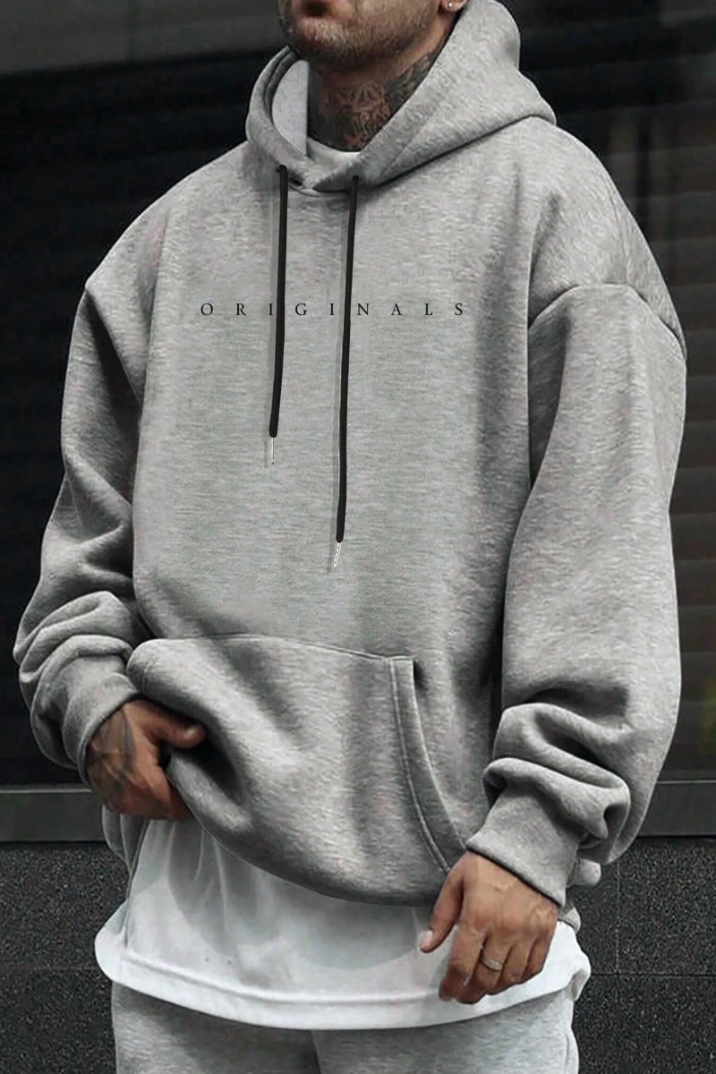 Erkek Günlük Harf Baskılı Kapüşonlu Sweatshirt Bağcıklı