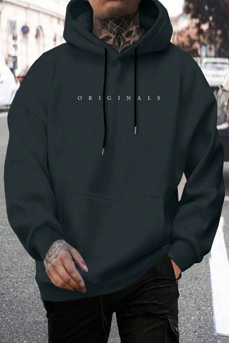 Erkek Günlük Harf Baskılı Kapüşonlu Sweatshirt Bağcıklı